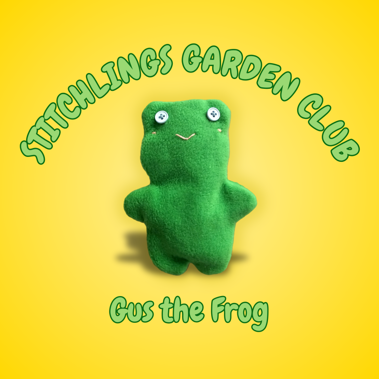 Gus the Frog, a finished Stitchlings sewing kit plushie